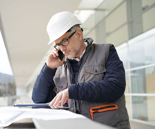 Man wearing white hard hat making a very important phone call
