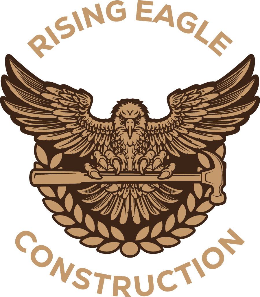 Logo of Rising Eagle Construction in brown, featuring an eagle holding a hammer within a laurel wreath and the company name.