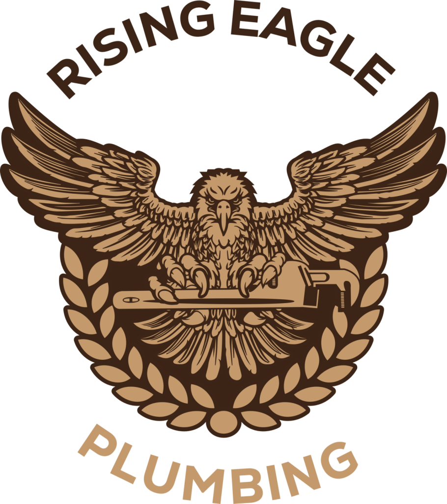 Logo of Rising Eagle Plumbing in brown, featuring an eagle holding a pipe wrench within a laurel wreath and the company name.